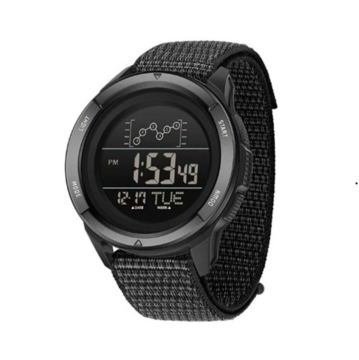 Horloge Heren - Sporthorloge - Countdown - Stopwatch - Nylon Band - Zwart