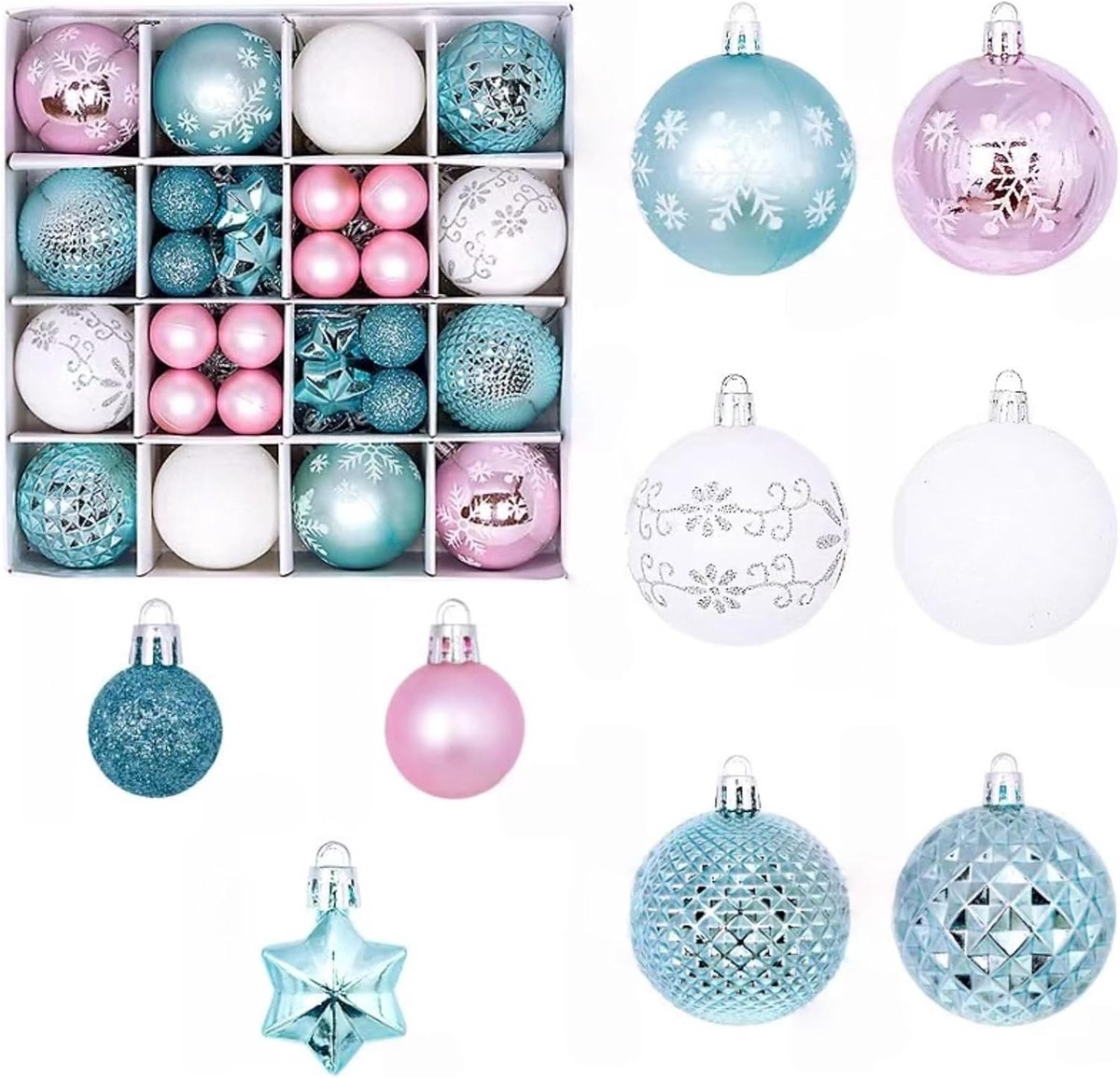 44 delige Kerstboom Decoratie Set - Kerstballen in Blauw, Wit en Roze, Kerstversiering voor Kerstboom