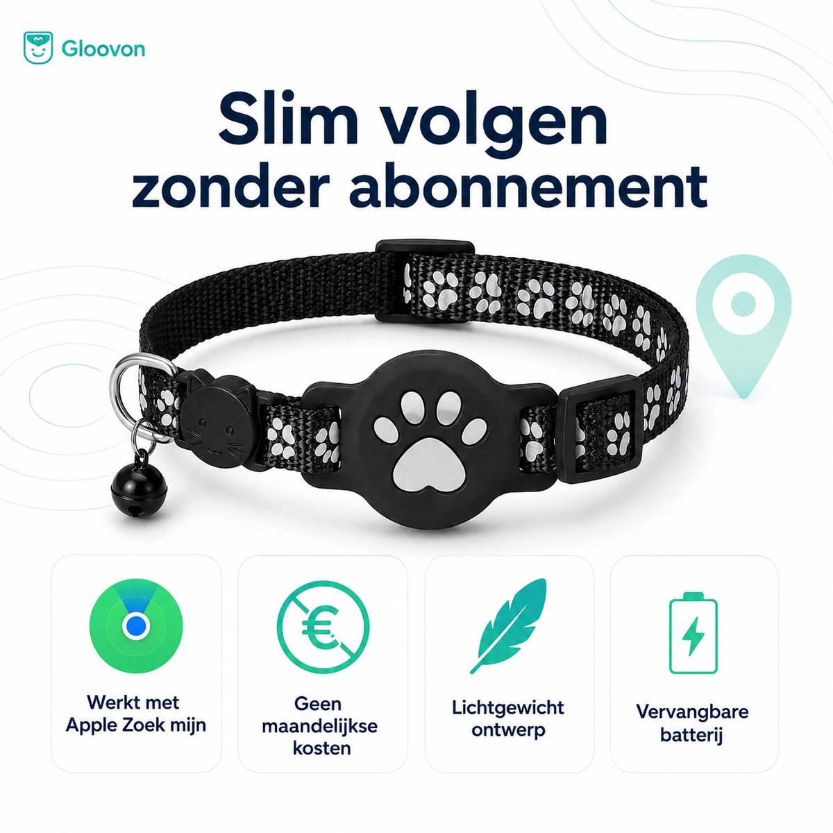 Gloovon® Kattenband met Tracker - GPS Tracker Kat - Veiligheidssluiting & Reflecterend - Nylon - 19-32 cm - Zwart thumbnail 6