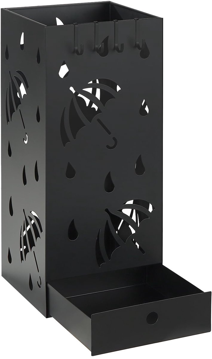 Famanu Vierkante paraplustandaard van metaal, parapluhouder met uitneembare wateropvangbak en 4 haken, 20 x 49 x 20 cm in antraciet