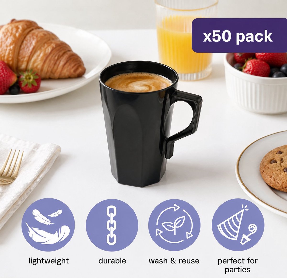 R&H® 50 Hard Plastic Koffiekopjes 240ml - Stapelbare Herbruikbare Mokken voor Kamperen, Feesten en Buiten