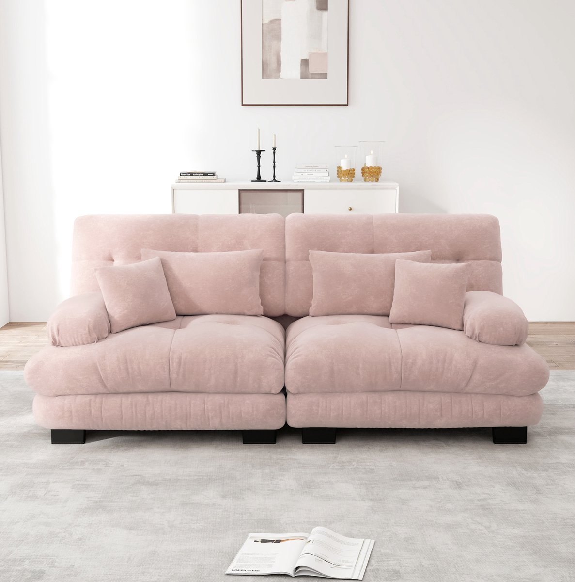 DESMIU Hoekbank - 2-Zits - Cloud Design Met 2 Lendenkussens & 2 Sierkussens - Voor Woonkamer - Chenille - Roze