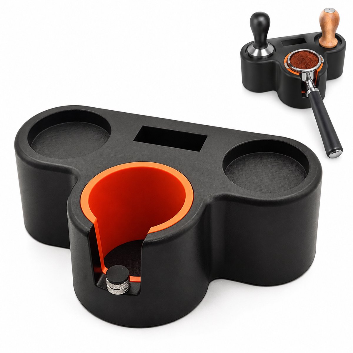 Multifunctioneel tamping station met uitklopbak - Universele tamper station voor 51 t/m 58.5mm filterdrager - Luxe koffiecorner accessoires organizer voor thuisbarista - Espresso koffie accessoires set - Zwart-Houder voor drie koffietampers