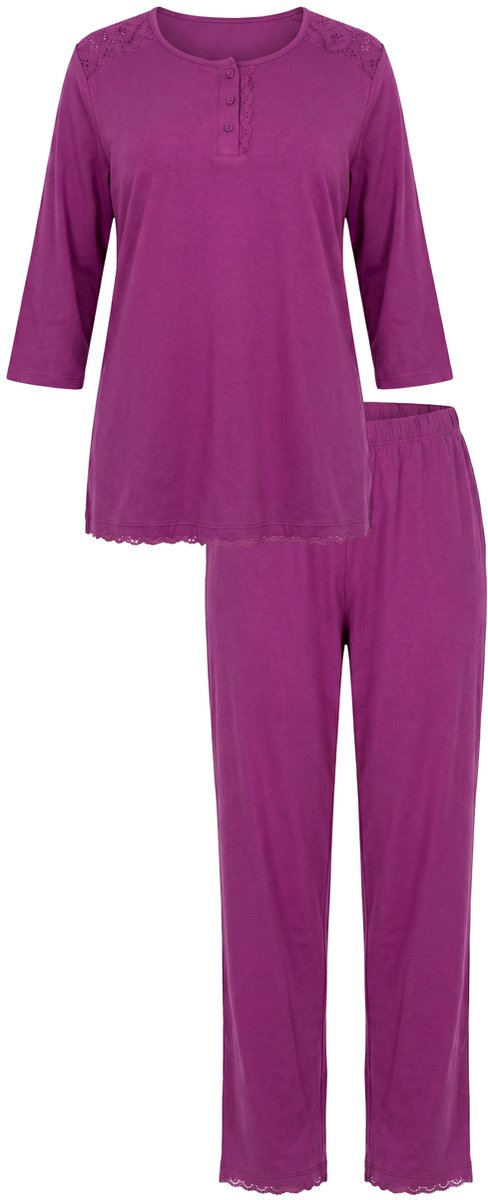 Ulla Popken Dames - pyjama ogenborduursel ronde hals siernaden 3/4-mouwen - Bes - Maat 58+