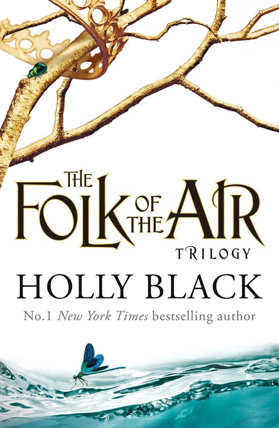 Boekomslag met gouden takken, een groene kever, een blauwe libel en de tekst 'The Folk of the Air Trilogy' door Holly Black.
