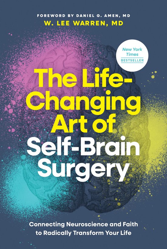 Boek "The Life-Changing Art of Self-Brain Surgery" met een gestileerde afbeelding van een brein in roze, geel en blauwe verfspetters. "New York Times Bestseller" badge.