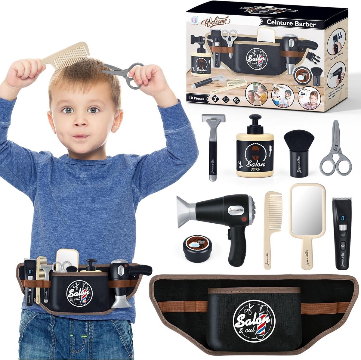 Complete Haardressing Set voor Kinderen, Kappers Speelgoed met Föhn, Styling Accessoires en Haarverzorging, Rollenspel voor Jongens vanaf 3 Jaar