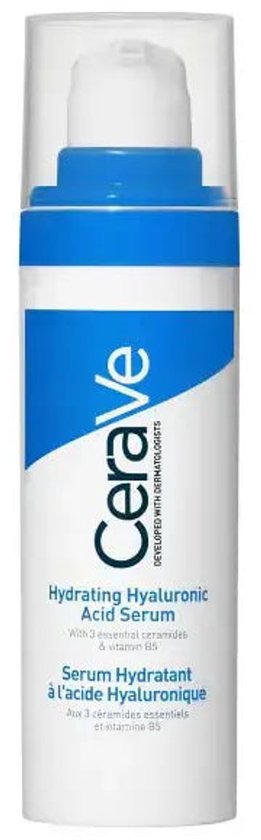 CeraVe Hydrating Hyaluronic Acid Serum met 3 essentiële ceramiden en vitamine B5. Blauwe en witte pompflacon.