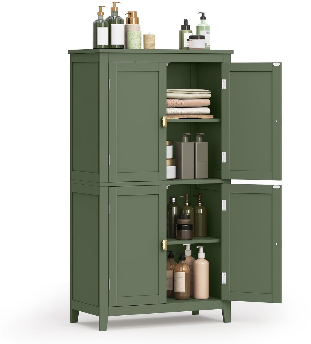 Famanu – Badkamerkast met 4 deuren en verstelbare planken, 30 x 60 x 110 cm, bosgroen, ideaal voor opslag