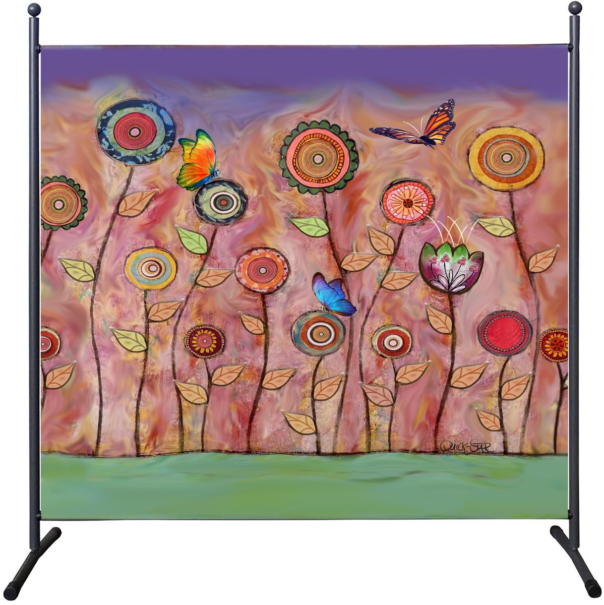 Famanu Paravent kamerscherm van 180 x 180 cm met retro bloemen, scheidingswand voor balkon en tuin, inkijkbescherming Zwart