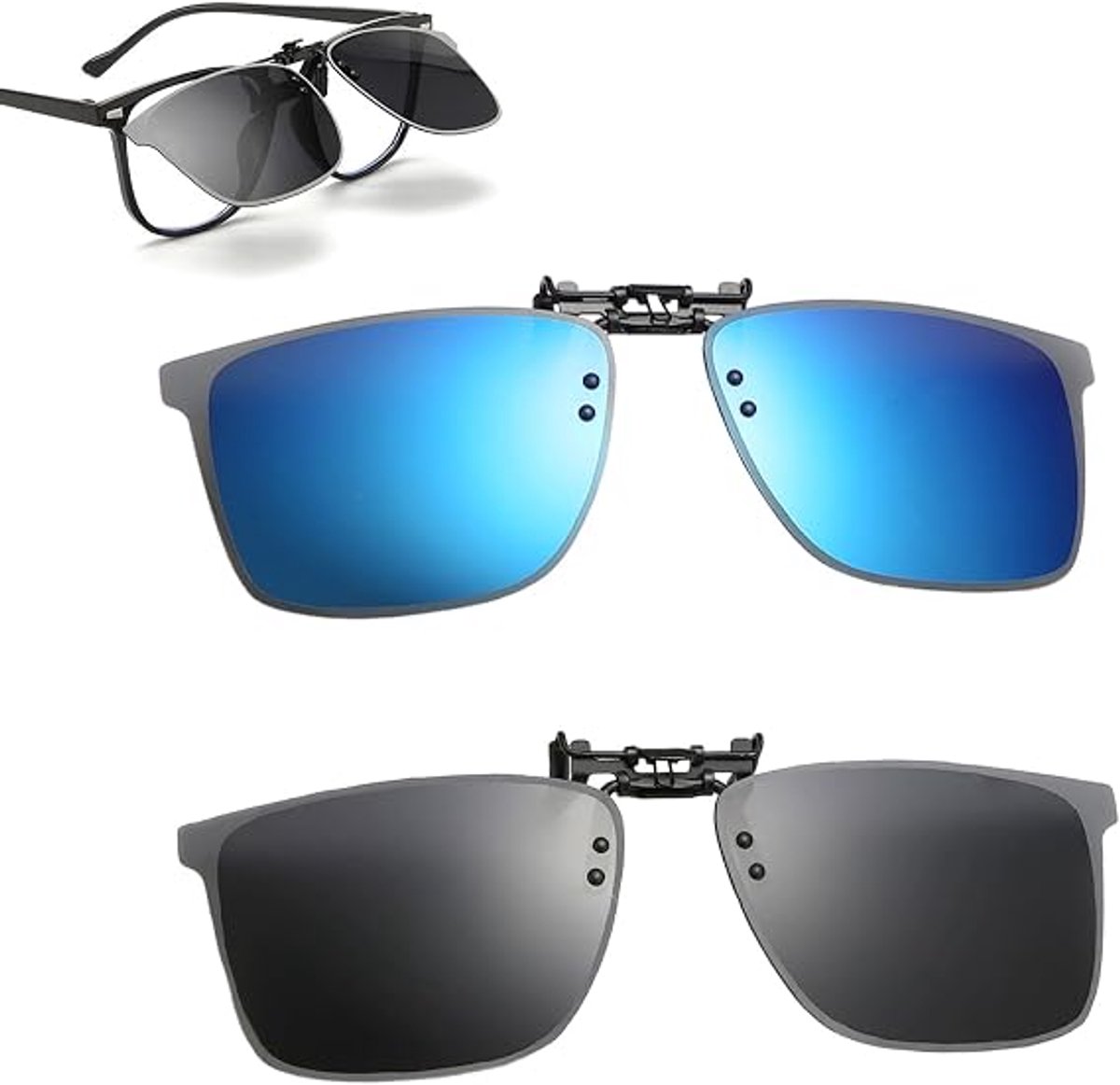 2 stuks Clip-on zonnebril - Clip on zonnebril heren - Clip on zonnebril dames - Brilclip - Voorzetbril - Zonnebril - UV-bescherming - Unisex - Opklapbare zonnebril - Blauw&Zwart