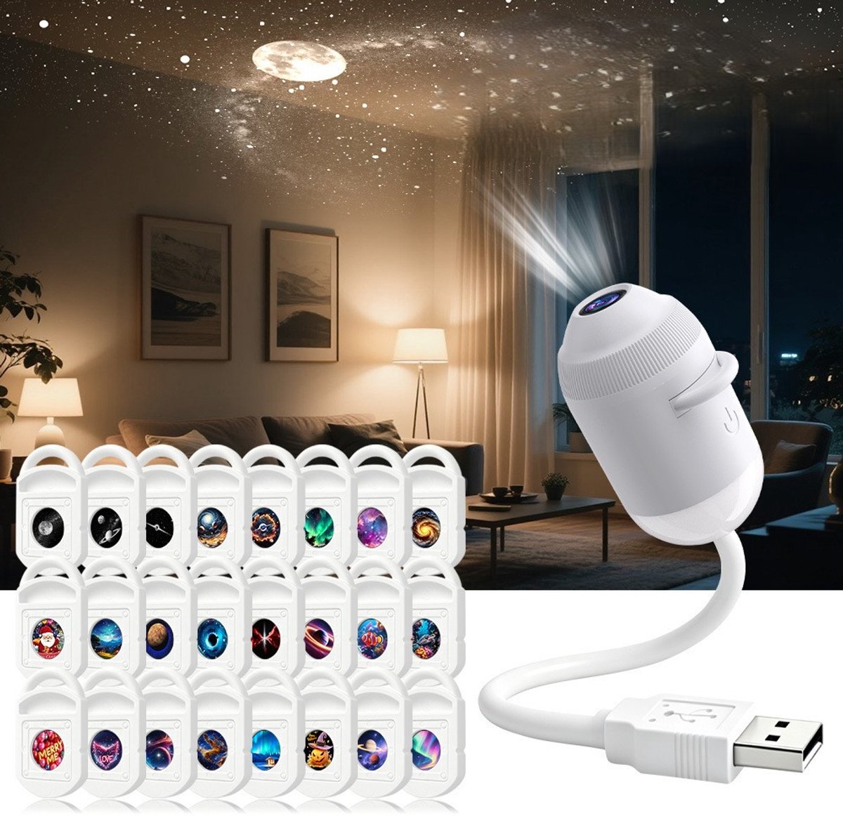 USB Sterrenhemel Projector voor Auto - Draagbare Nachtlampje Projector met 24 Verschillende Films - Sterrenlamp - Cadeau - voor Auto, Slaapkamer en Feestjes