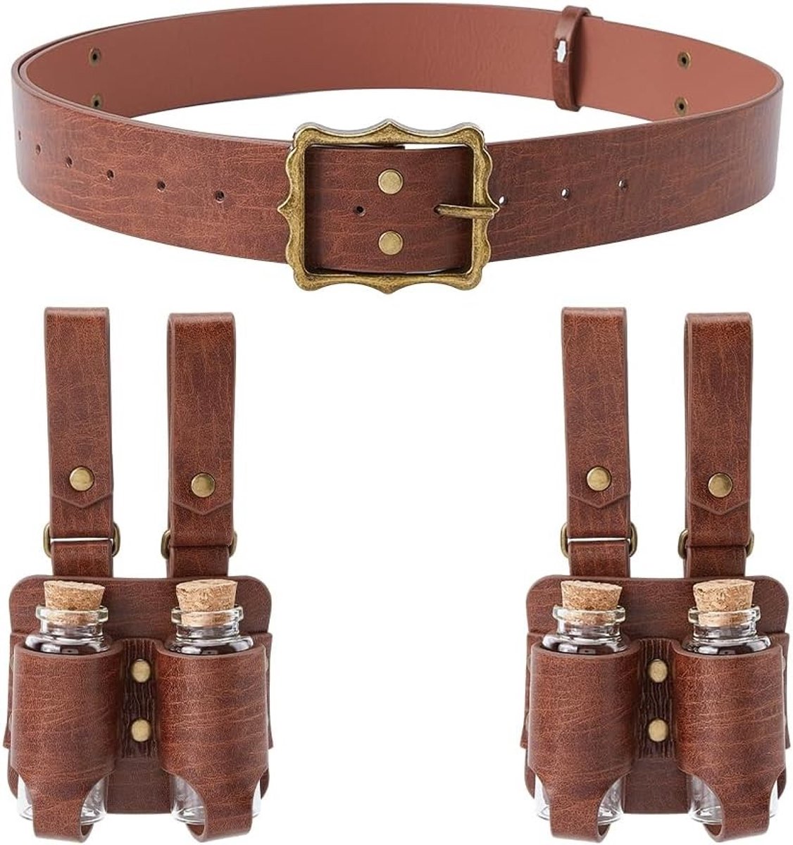 3-Pack Middeleeuwse Leren Taillebanden met Kurken Drinkfles voor Cosplay en Fantasie Accessoires, Verstelbare Glazen Flessen voor Historische Kostuums