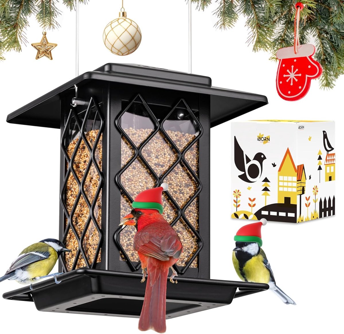 Buitenvoederhuis voor vogels van metaal, geschikt voor kardinalen, 2.5 kg capaciteit, 18 cm dak, lantaarnstijl, zwart, ideaal voor tuinen en balkons