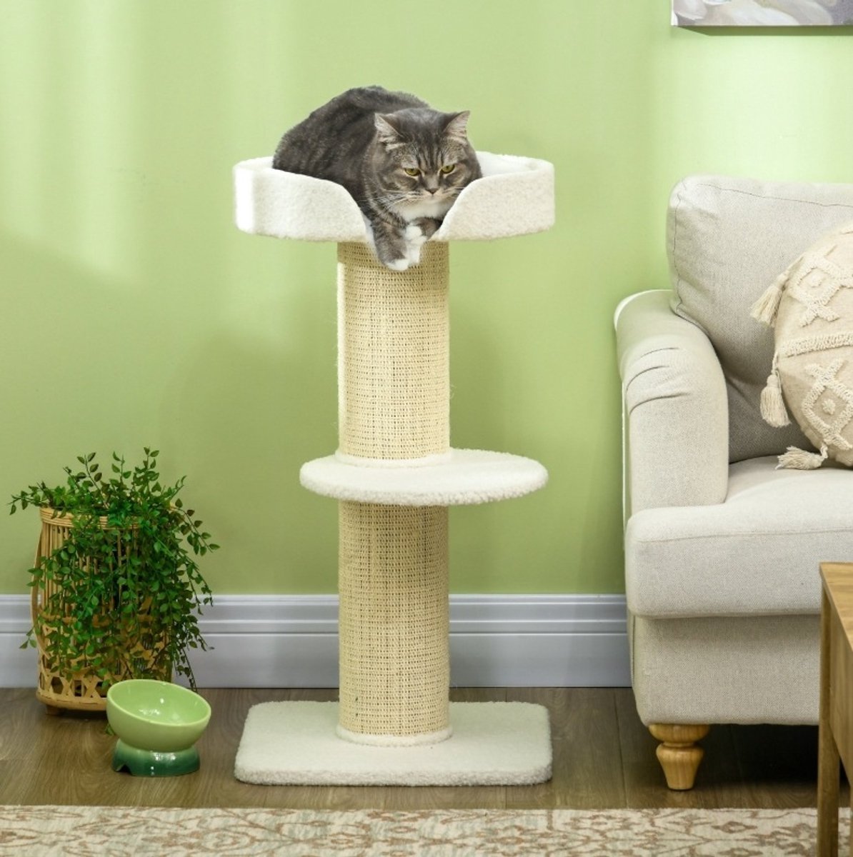 REDOM - Kattenkrabpaal met ligplatform - Sisal krabpalen - Uitneembaar kussen - Voor rust en krabben - Binnengebruik - Spanplaat en polyester - Crème wit - 45 x 45 x 91 cm