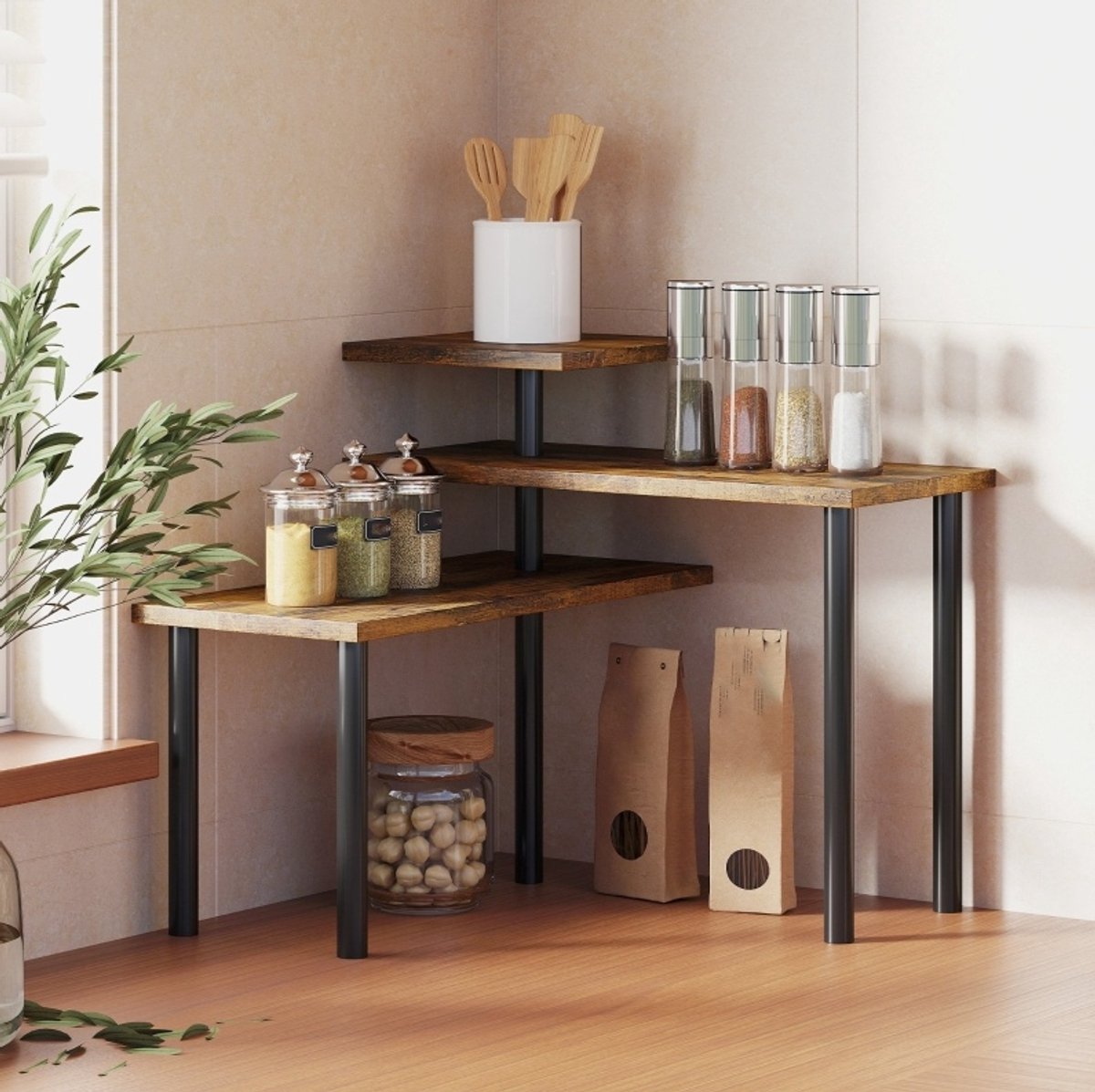 REDOM - Kast - 3-laags keukenrek - Draaibare hoekindeling - Open opbergkast - Industrieel - Keuken en aanrecht - Spaanplaat en metaal - Bruin - 40 x 18 x 36,5 cm