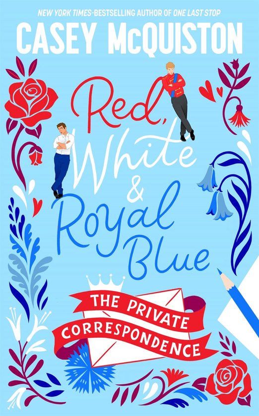 Boekkaft 'Red, White & Royal Blue: The Private Correspondence' met bloemen en twee mannen in uniform.