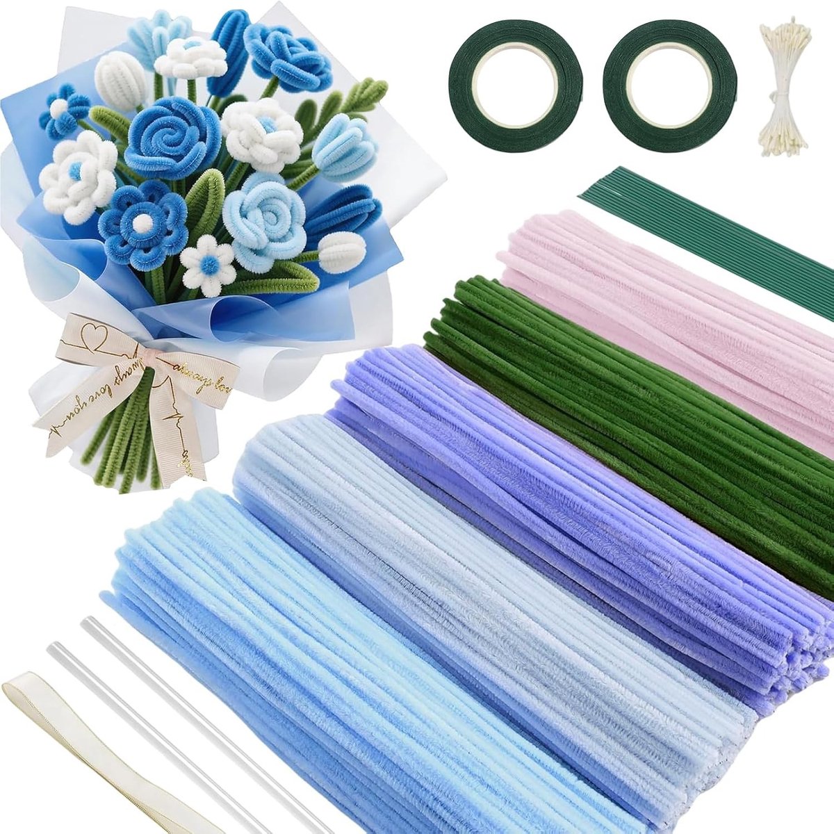 400-delige set chenilledraad pijpenragers voor het maken van bloemen, DIY knutselset, handgemaakte geschenken en decoraties voor feestdagen en thuis
