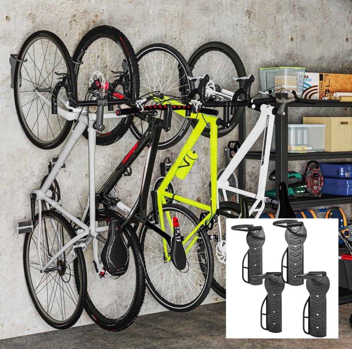REDOM - Fiets wandhouder - Verticaal klapbaar - 4-delige set - Voor 4 fietsen - Metalen wandbeugel - Voor garage en huis - Zwart - 25,5 x 10,5 x 4 cm