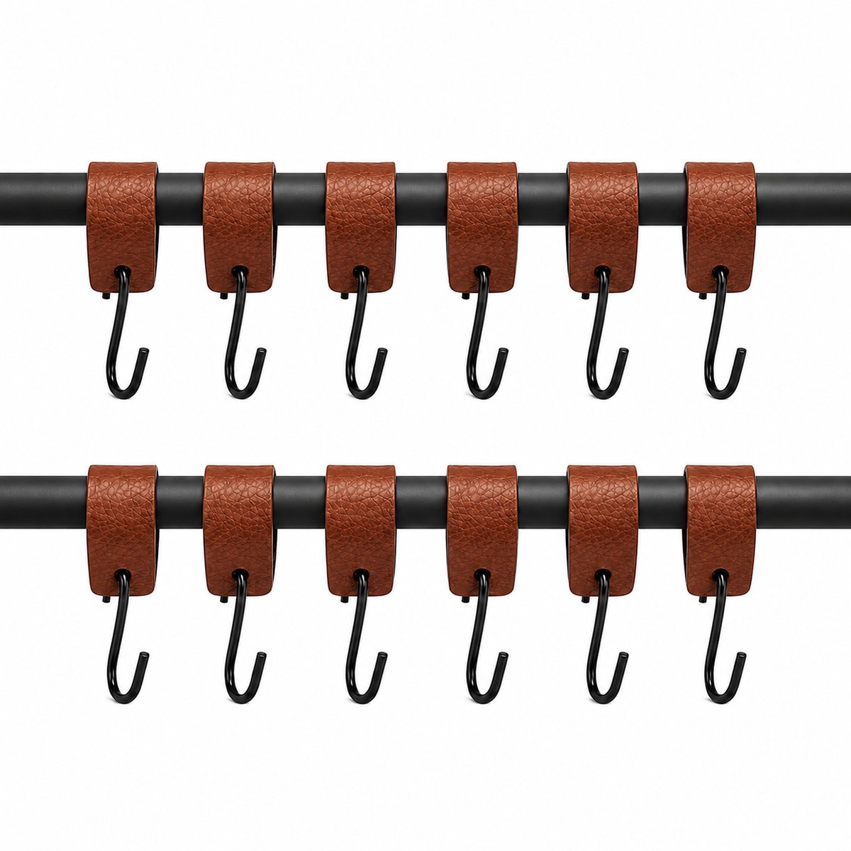 12 Stuks S-Haken - Multifunctionele Ophanghaken met Leren Bekleding - S-Vormige Haken voor Keuken, Badkamer en Kledingkast - Voor Stangen tot 3 cm - Ruimtebesparende Organizer voor Kleding, Handdoeken en Keukengerei - Bruin