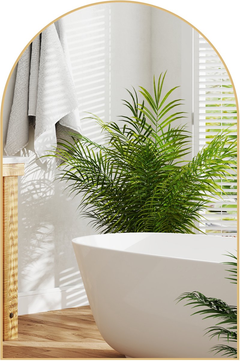 Gebogen wandspiegel, badkamerspiegel met frame van aluminiumlegering voor slaapkamer, woonkamer en hal, 60 × 90 cm, goudkleurig