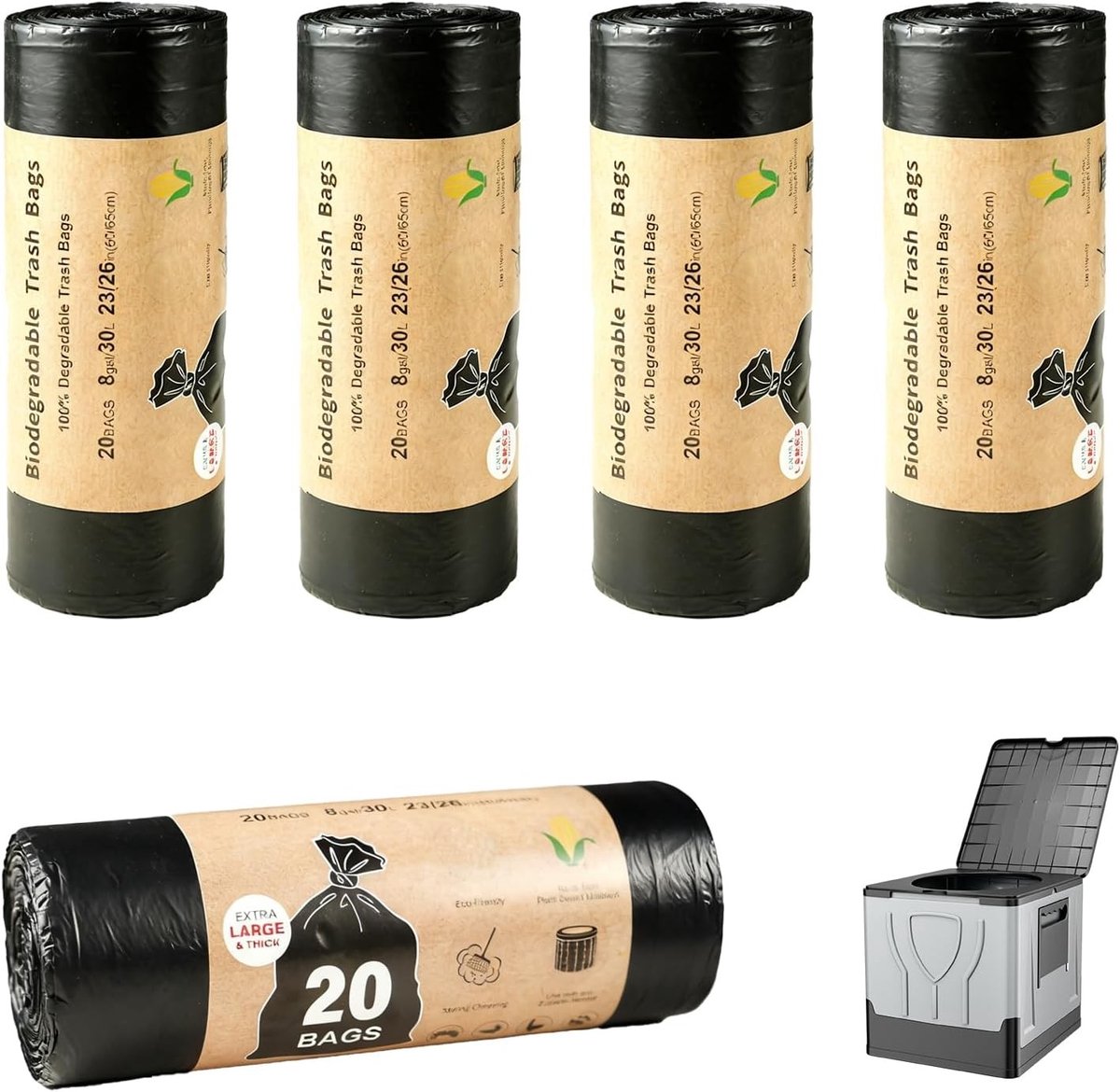 Campingtoiletzakken - Zwart - 30 l - Biologisch Afbreekbare Toiletzakken met Achthoekige Bodem - Voor Kamperen en Outdoor