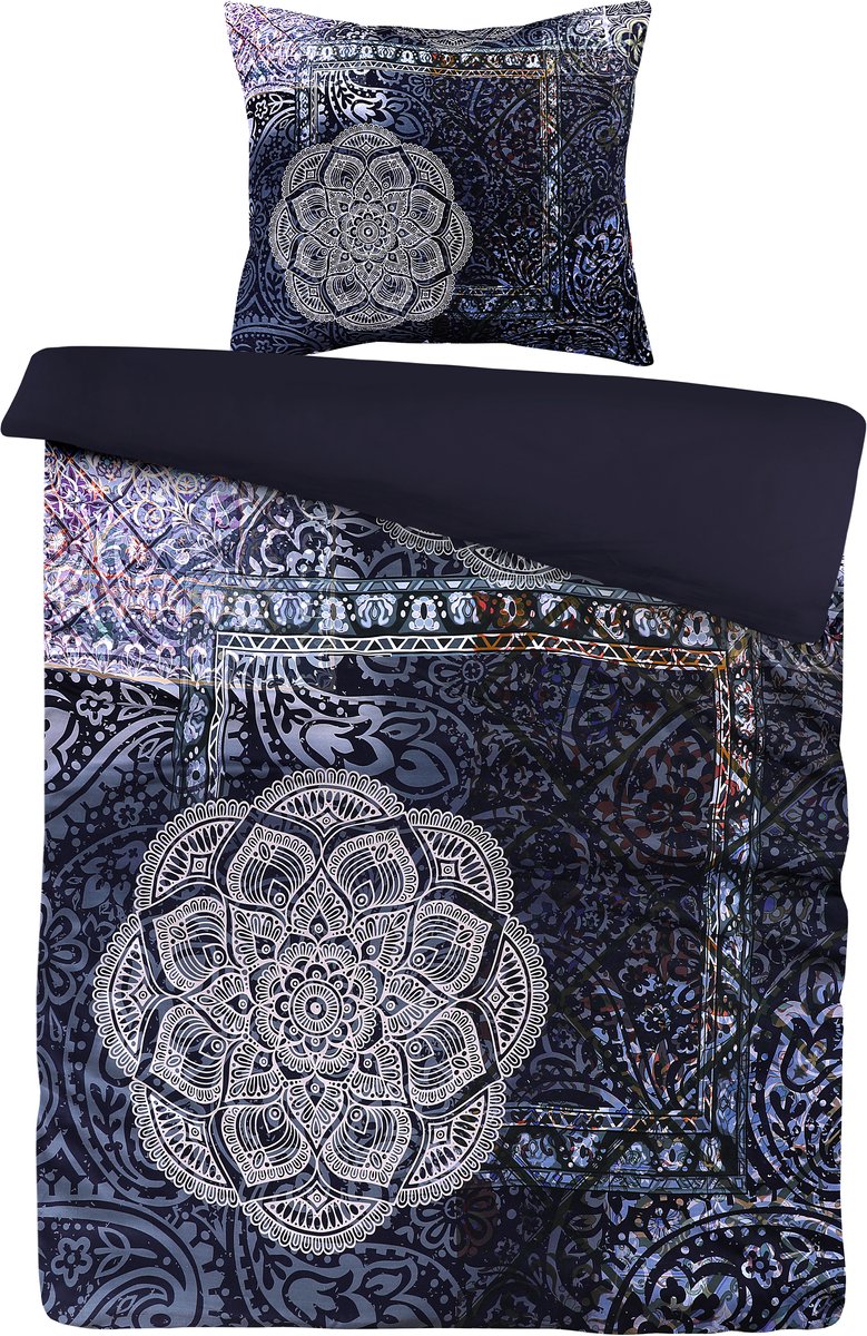 Padiro dekbedovertrek 140 x 200 cm - meerkleurig / blauw - mandala oosters design - katoensatijn - met 1 kussensloop 50 x 75 cm