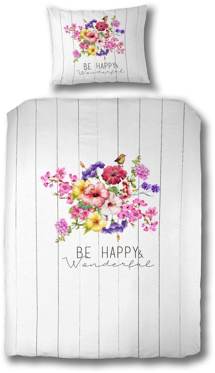 Padiro dekbedovertrek 135 x 200 cm - zand - romantisch bloemen design - 100% katoen - met 1 kussensloop 80 x 80 cm