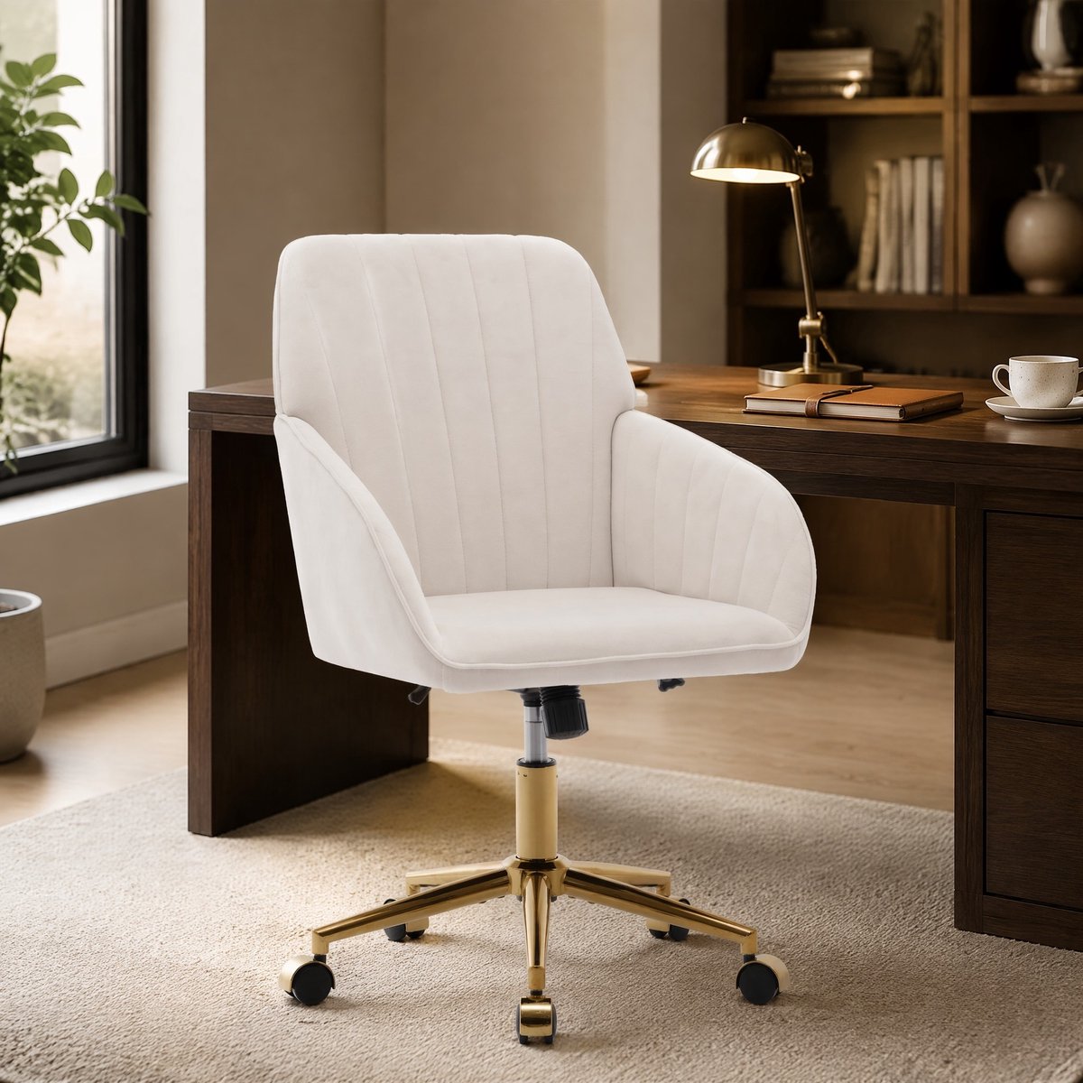 Wishdor Bureaustoel - Verstelbare zithoogte 48-58 cm - 360° draaibaar met wielen en armleuningen - Ergonomisch voor bureau slaapkamer werkruimte - Fluweel - Wit - 60 x 60 x 97 cm