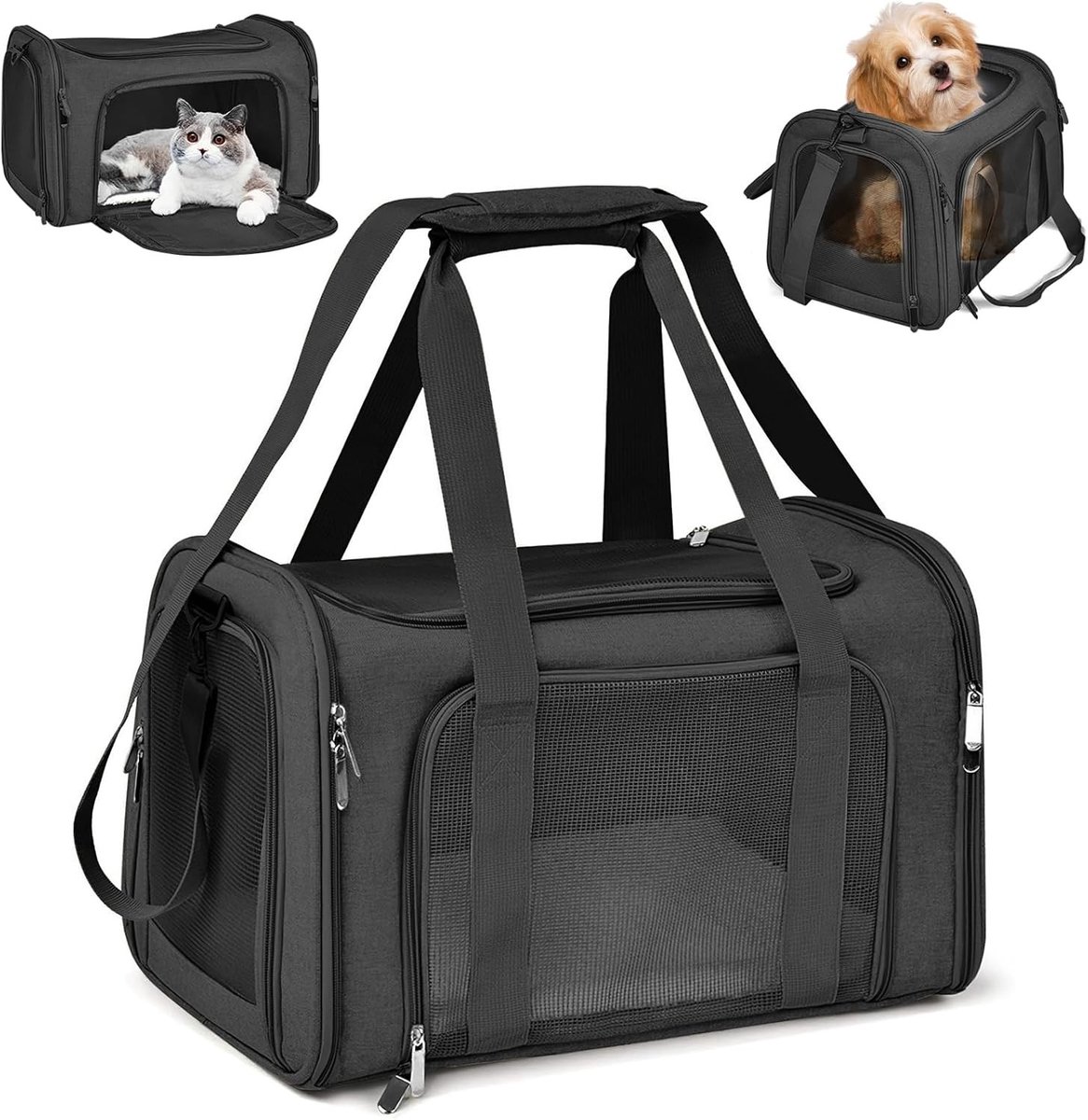Transporttas voor katten - Zwart - 45 x 30 x 30 cm - Opvouwbaar en Ademend - Voor Katten en Middelgrote Honden