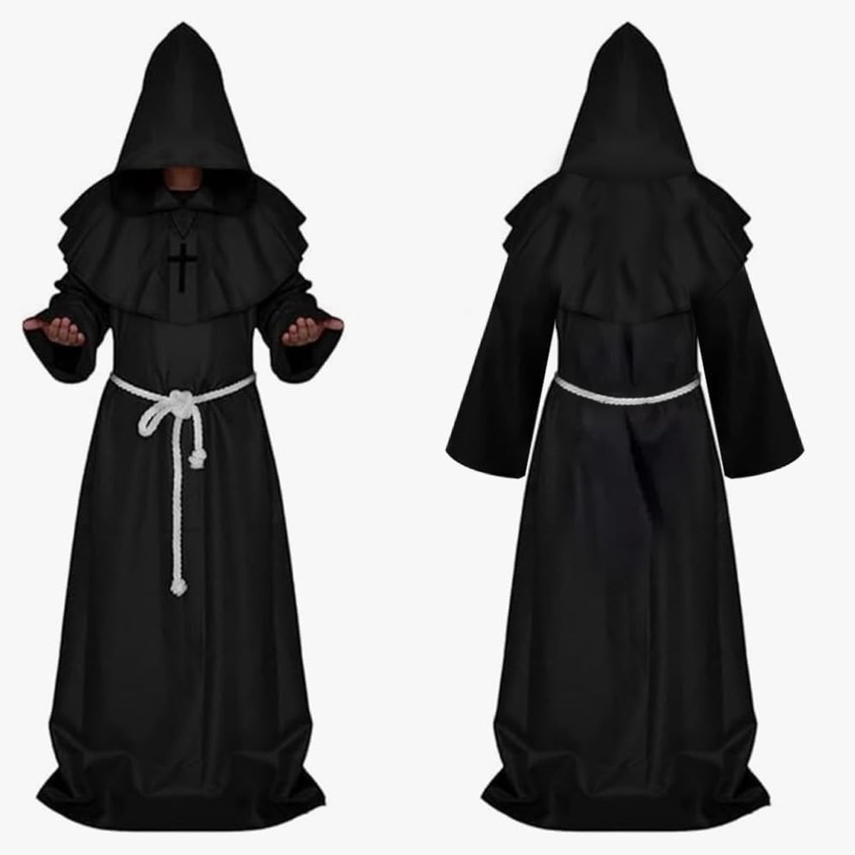 Monnik Kostuum - Zwart - XL - Middeleeuwse Priester Jurk met Capuchon - Voor Volwassenen