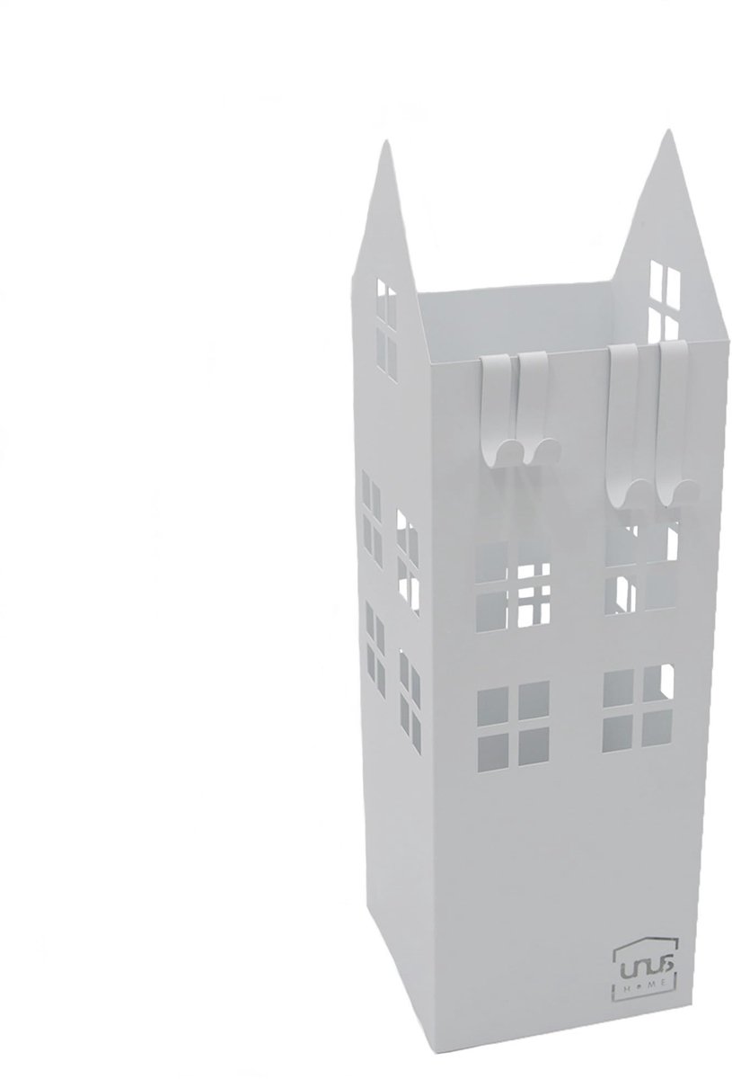 Famanu Paraplustandaard met wateropvangbak en 4 haken, 16x16x49 cm, wit