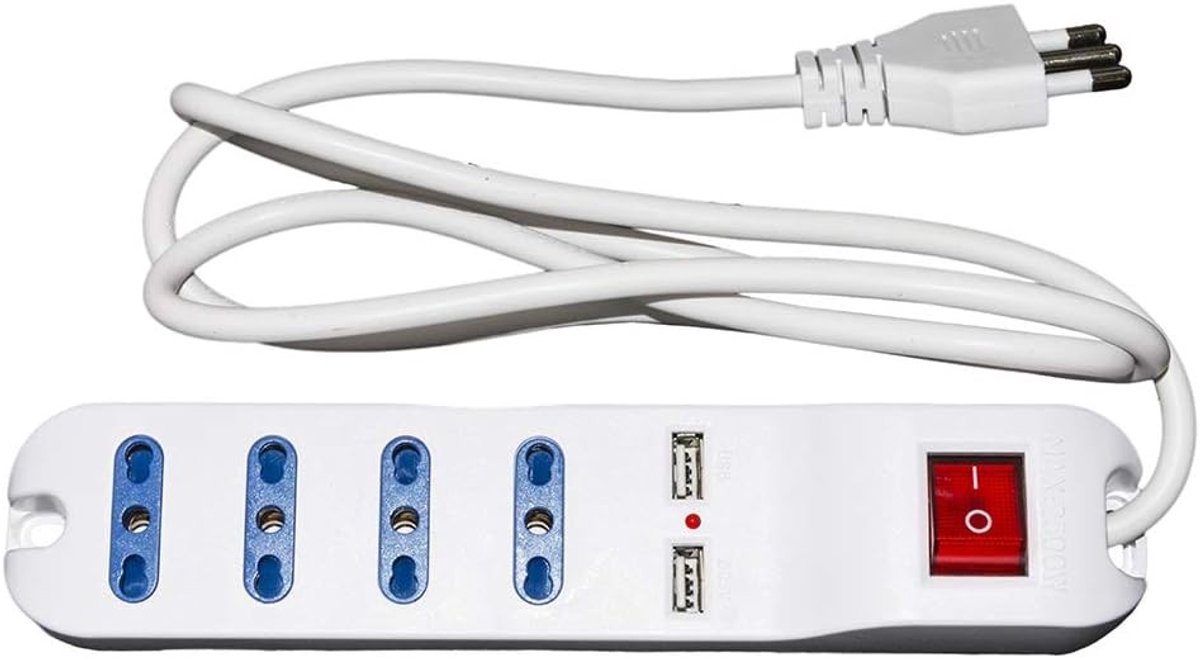 Meervoudige Stekkerdoos - Wit - 4 Aansluitingen - Met USB-aansluitingen en Schakelaar - Voor Thuisgebruik