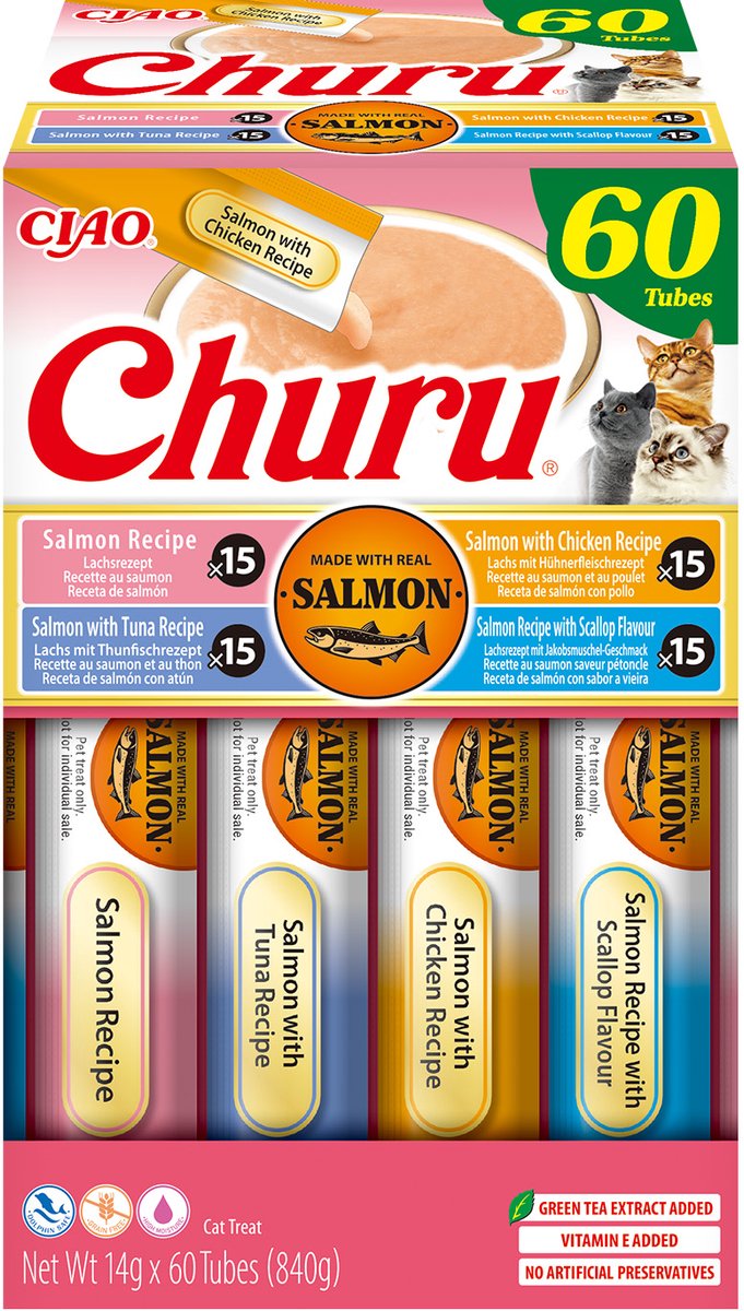 INABA CIAO Churu Creamy Puree Kattensnack Liquid Zalm variëteiten 60x14g