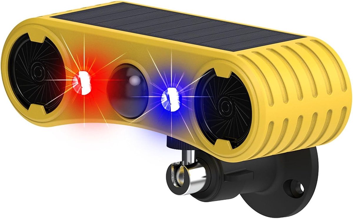 Zonne‑energie Buiten Bewegingssensor Alarm, 13 Verschillende geluiden, onder andere hondenblaf en schotgeluid, 4 werkmodi, rood‑blauw flitslicht geactiveerd door beweging, afschrikking voor indringers