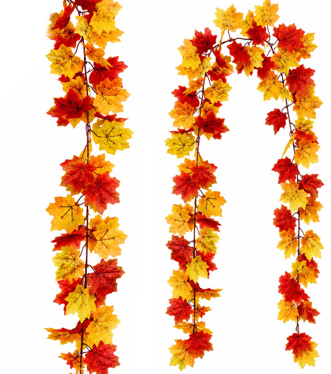 2 Stuks Kunstmatige Esdoorn‑bladeren Krans - 350cm Herfstdecoratie - voor Binnen en Buiten - Halloween en Thanksgiving Versiering - Realistische Herfstbladeren - Kunststof - eenvoudig op te Bergen - Rood en Geel