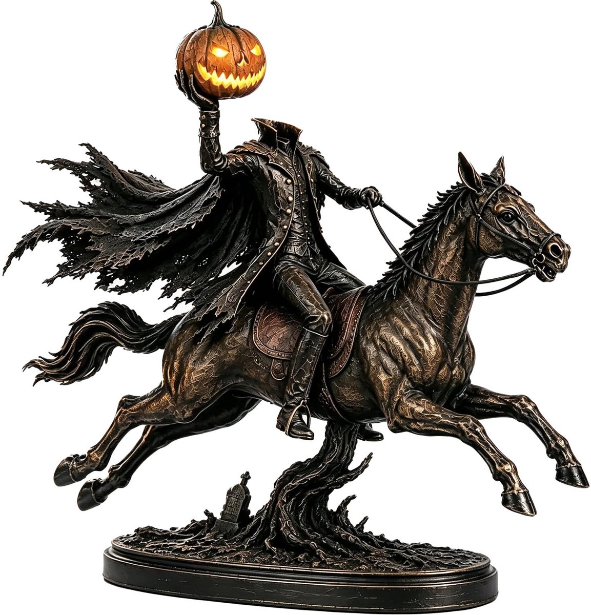 Namajunas - Beelden voor binnen - Standbeeld van de Hoofdloze Ruiter - LED-verlichte pompoenpaard Halloween-decoratie - Perfect voor Halloween-schoorsteenmantel, plank, tafelblad en huisdecoratie - Griezelig gotisch fantasybeeldje