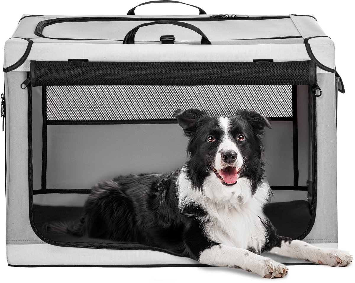 Famanu – Opvouwbare hondenbox voor middelgrote honden, verstelbaar design, transportbox met scheurvast netvenster, lichtgrijs