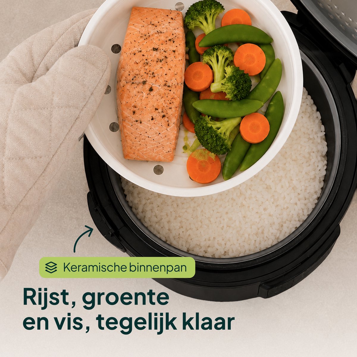 Vivid Green Rijstkoker 1,8 Liter met Stomer - PFAS-vrij - 7-in-1 Multicooker - 1 tot 4 Personen - Rice Cooker - Zwart – foto 7