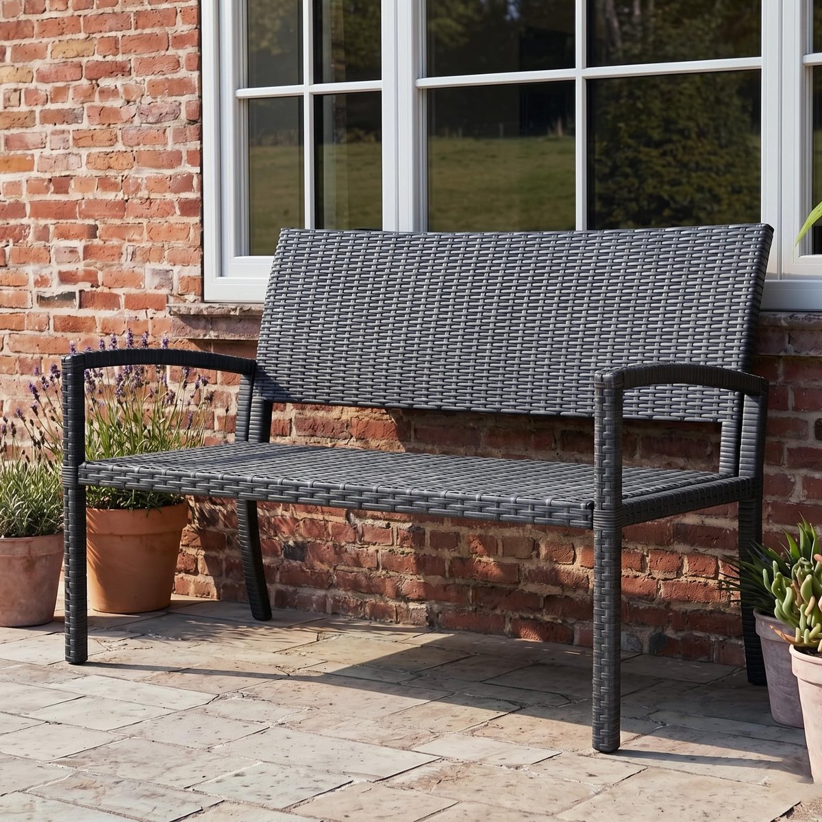 Famanu – Tuinbank weerbestendig, polyrotan zitbank, uv-bestendig, tuinmeubelen, terrasbank met rugleuning, tot 320 kg, voor 2 personen, zwart, 122 x 60 x 87 cm
