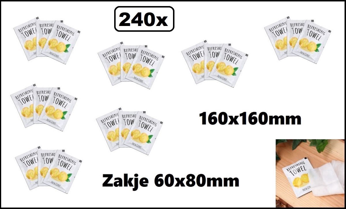 240 stuks Citroen Verfrissings doekjes 16cm x 16cm - verpakt - doekje restaurant tafel thema feest food festival verfrissing