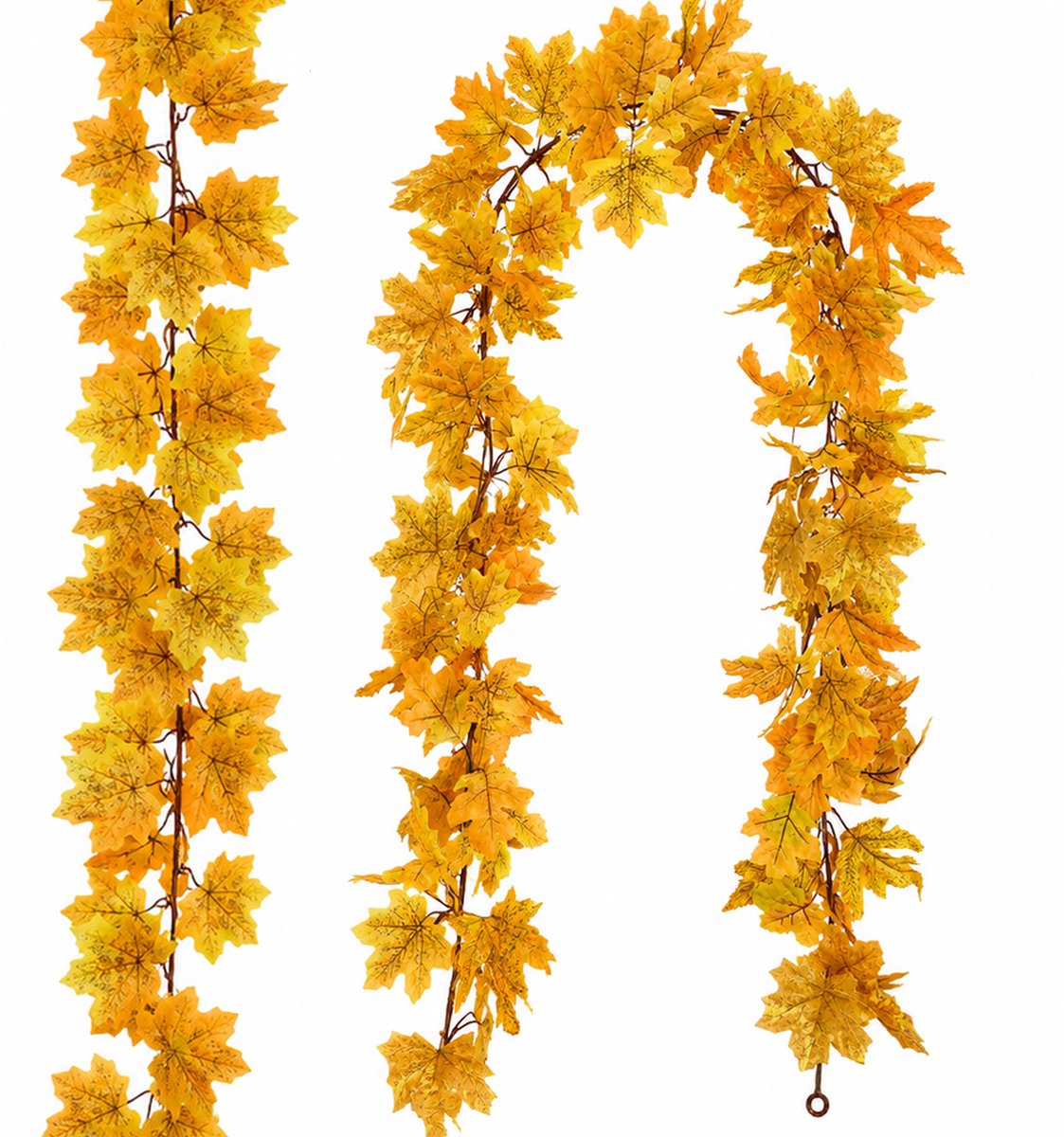 2 Stuks Kunstmatige Esdoorn‑bladeren Krans - 350cm Herfstdecoratie - voor Binnen en Buiten - Halloween en Thanksgiving Versiering - Realistische Herfstbladeren - Kunststof - eenvoudig op te Bergen - Geel