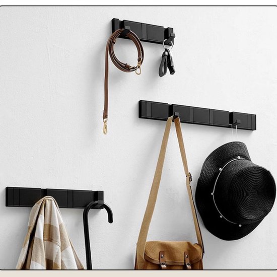 Kapstokhaken - Verborgen haken - Hangende kapstok - Metalen kapstokhaken - Muurhaken - Vijf haken, opvouwbaar - 34,2 x 5 x 1,4 cm - Geschikt voor badkamers, hallen, balkons en slaapkamers - Zwart — afbeelding 4