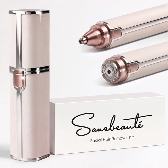 Sansbeauté gezichtshaarverwijderaar kit in lichtroze met gouden accenten.