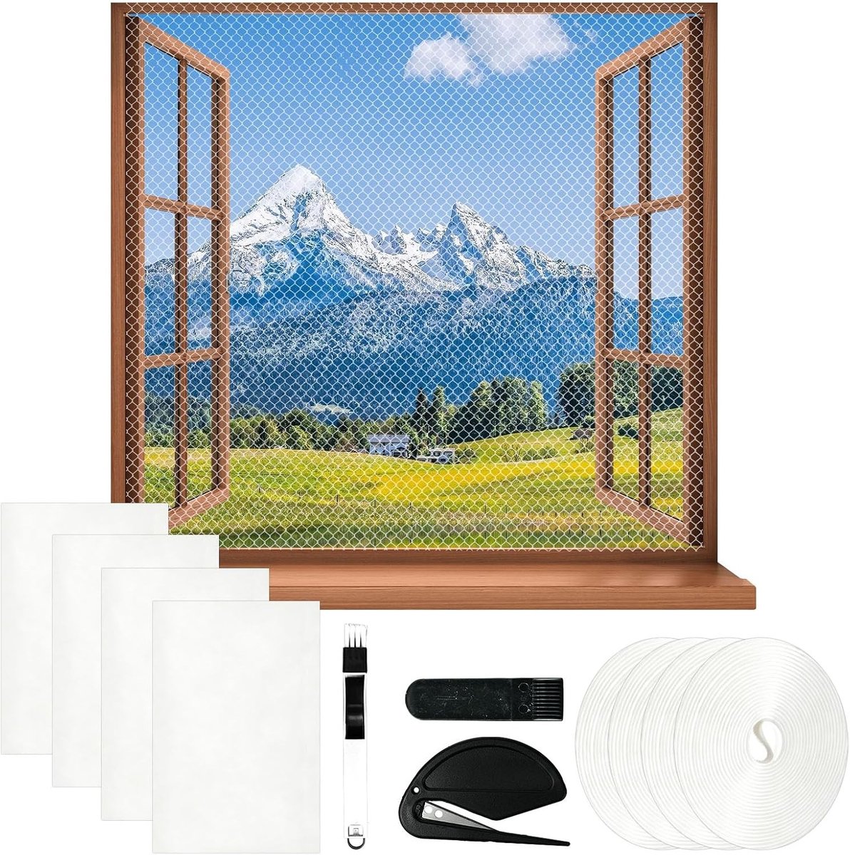 Set van 4 Insectenschermen voor Ramen, 130 x 150 cm, Verstelbaar, Zelfklevend, Muggennet Zonder Boren, Wit