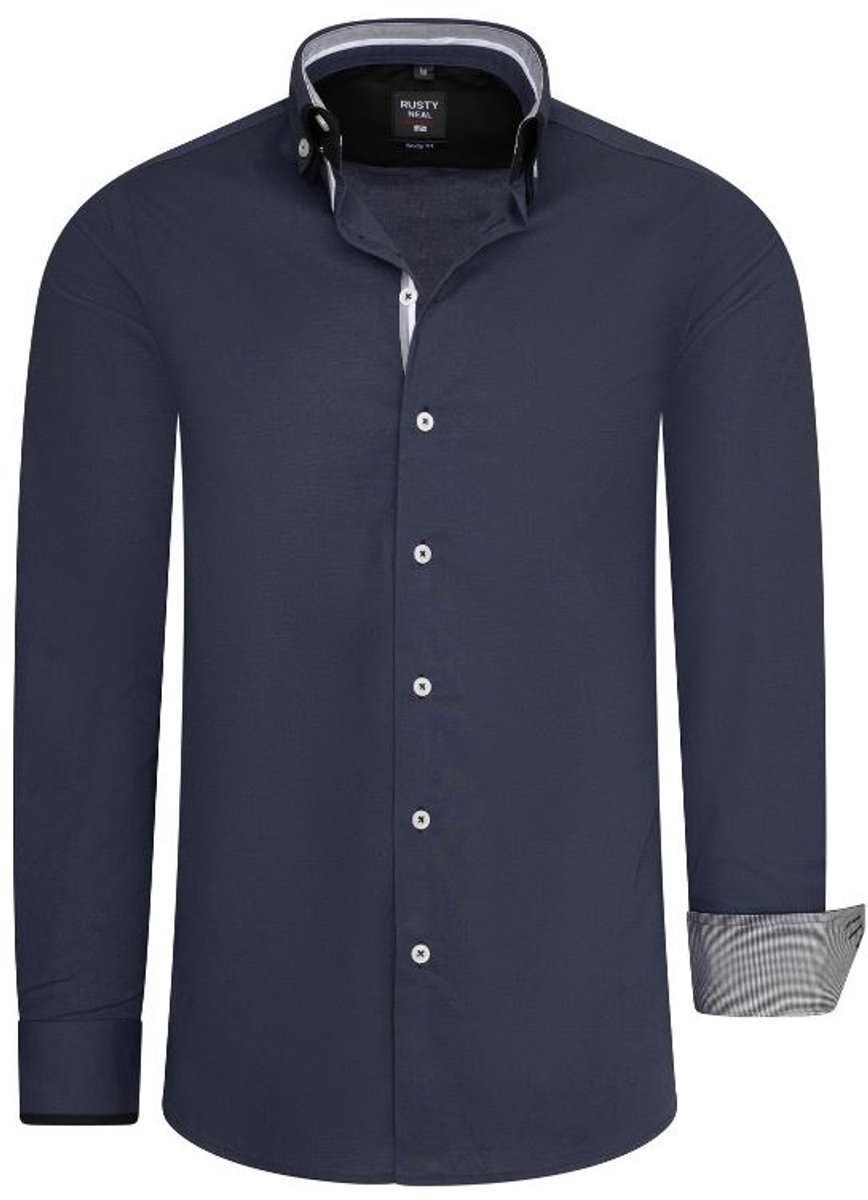 Rusty Neal - Heren Overhemd - Antraciet - Navy - Dubbele Kraag