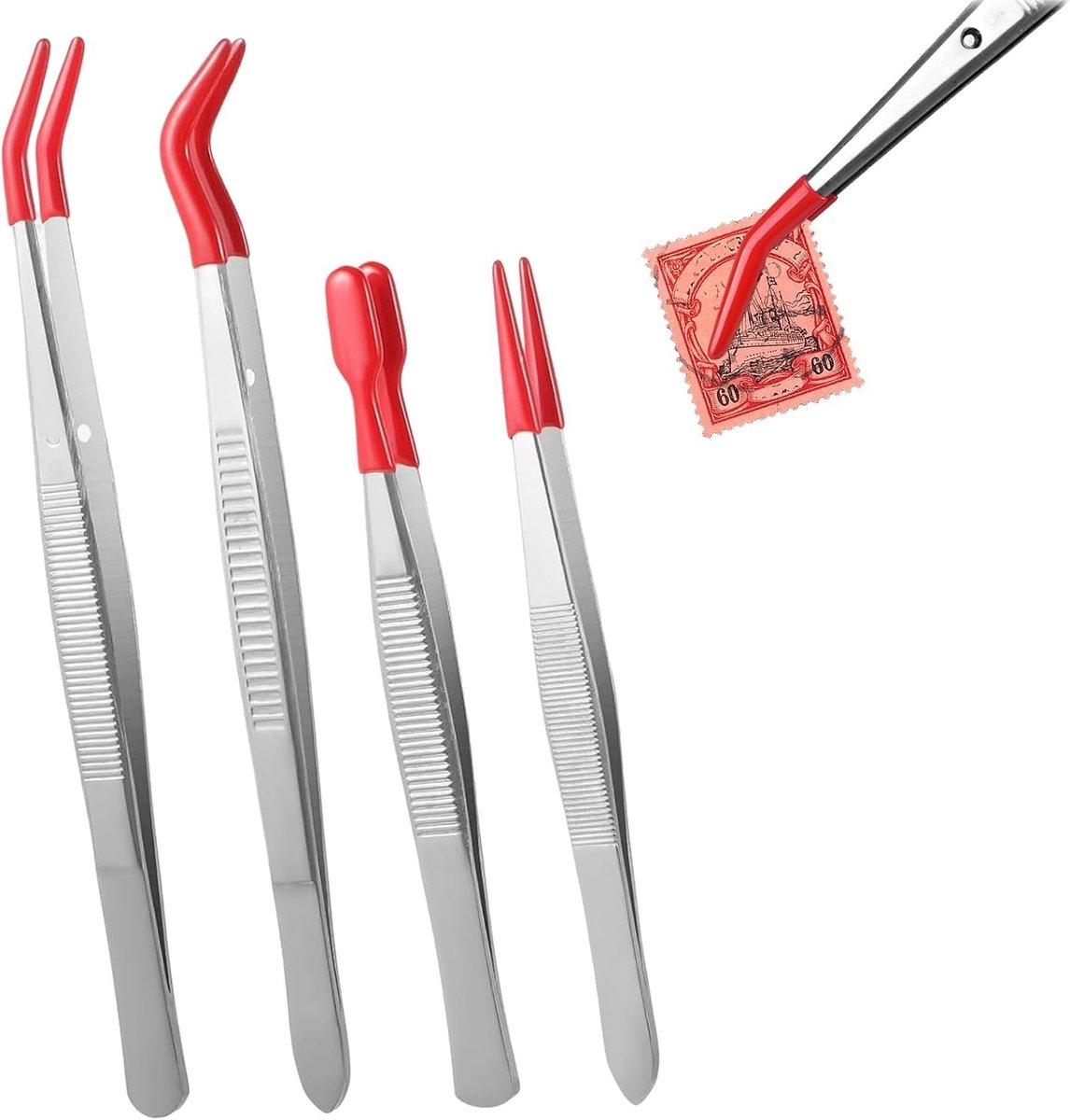 Pincet Set - Rood - Rubberen Punt en Gebogen Punt - Roestvrij Staal - Voor Hobby en Handwerk