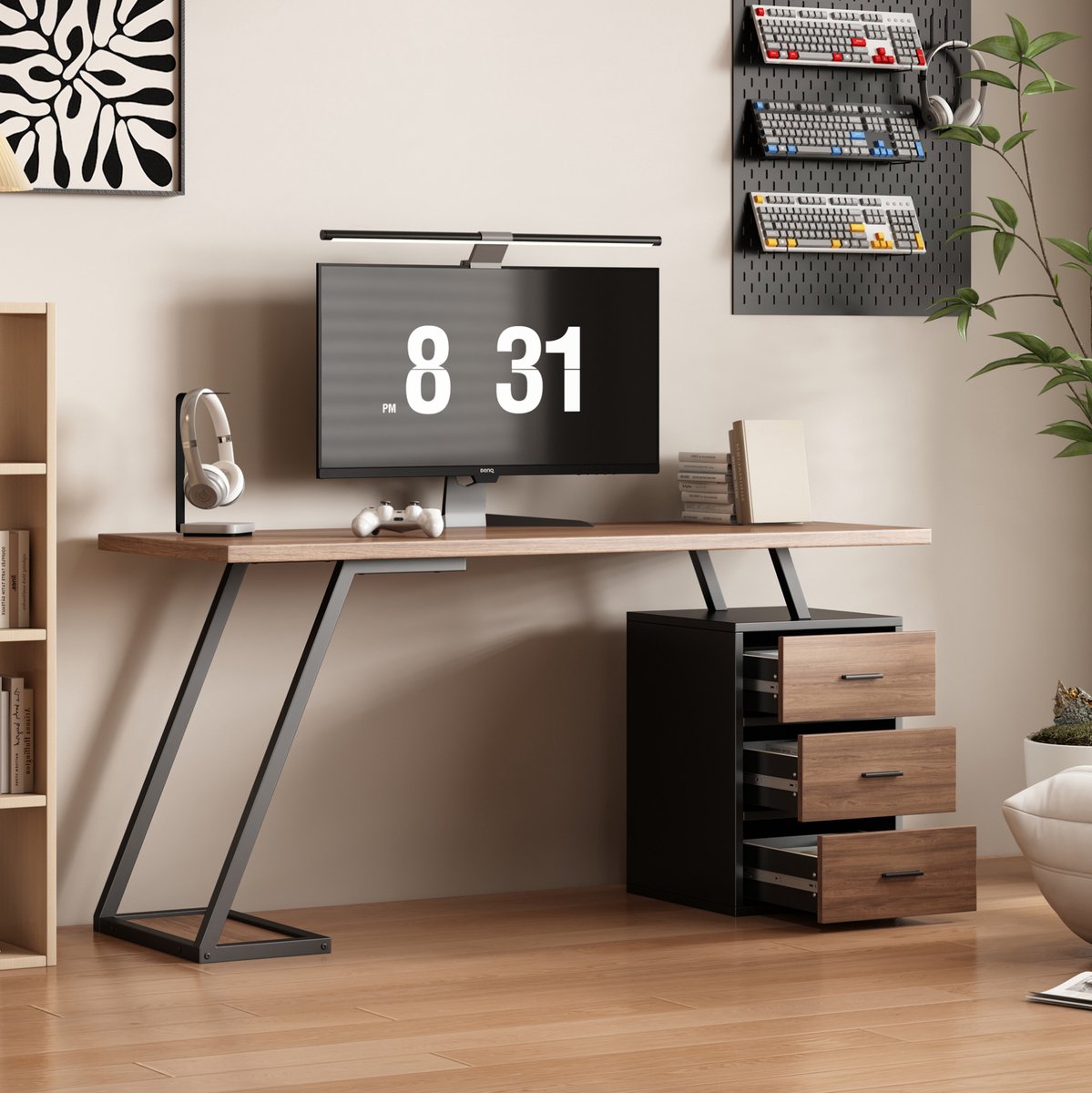 Wishdor Bureau met 3 lades - Industrieel design met soft-close en verstelbare opbergruimte - MDF met metaal frame - Donkerbruin - Woonkamer kantoor - 138,5 x 58 x 75 cm