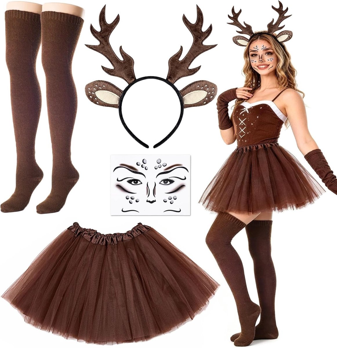 Dierenkostuum voor vrouwen en meisjes met hertengeweien, haarband, gezichtstatoeage en tule rok voor carnaval, Halloween en feestjes