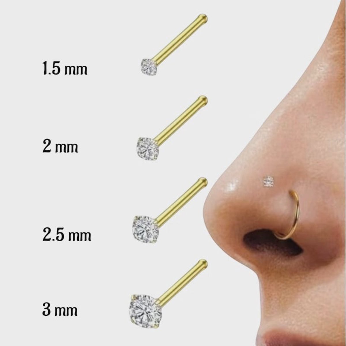 Goudkleurige Neuspiercing Transparante Zirkonia – Recht Staafje 1.5mm
